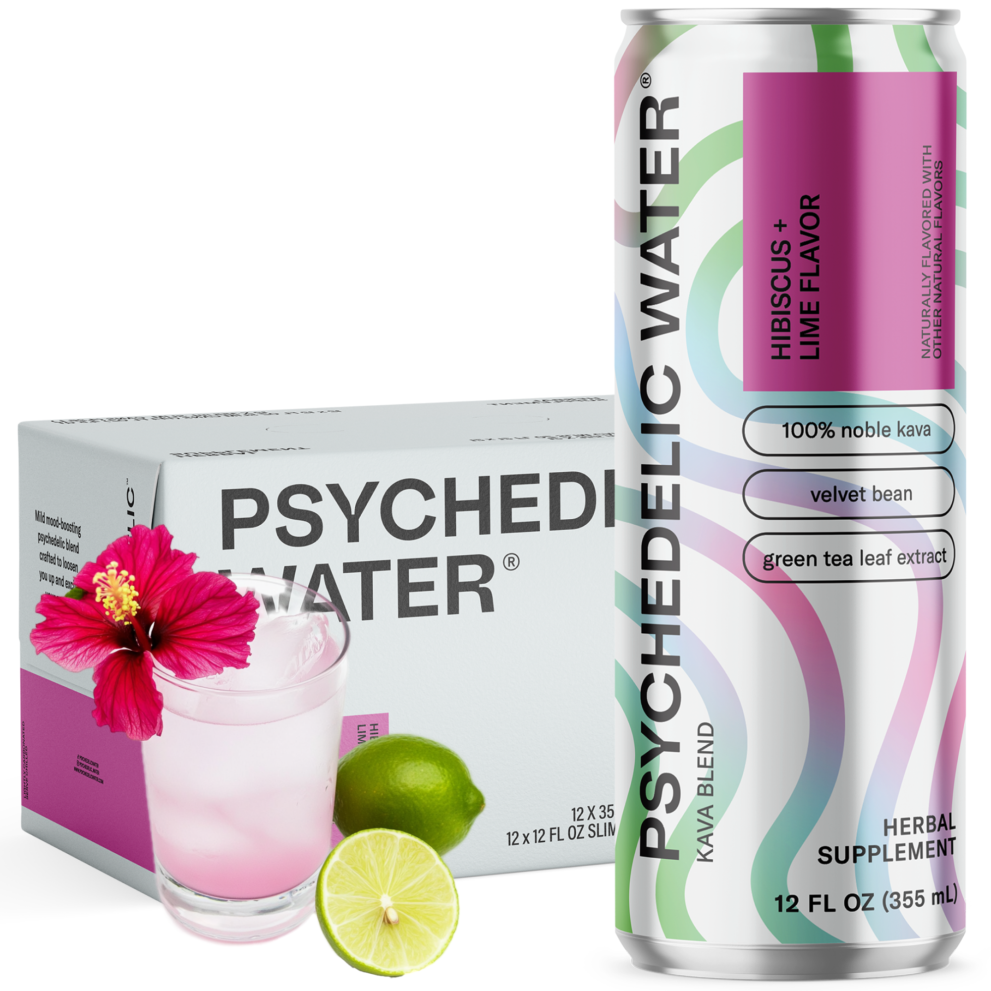 Psychedelic Water Hibiscus Lime Flavor box of 12 cans