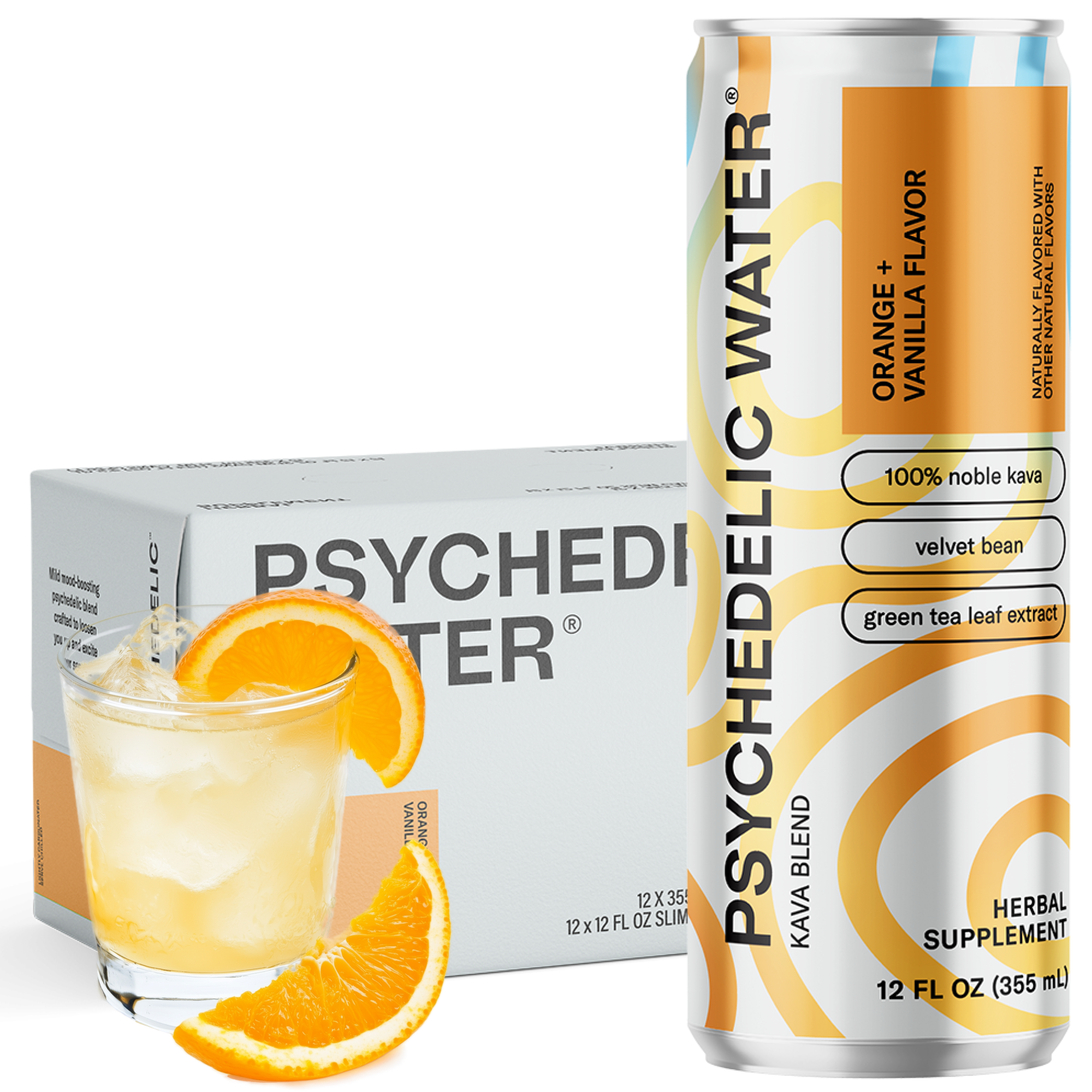 Psychedelic Water Orange Vannilla Flavor box of 12 cans