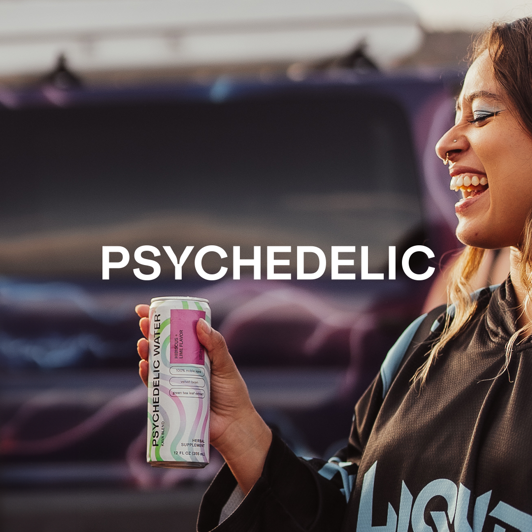 Psychedelic logo overlayed on woman holding can of Psychedelic Water,  laughing