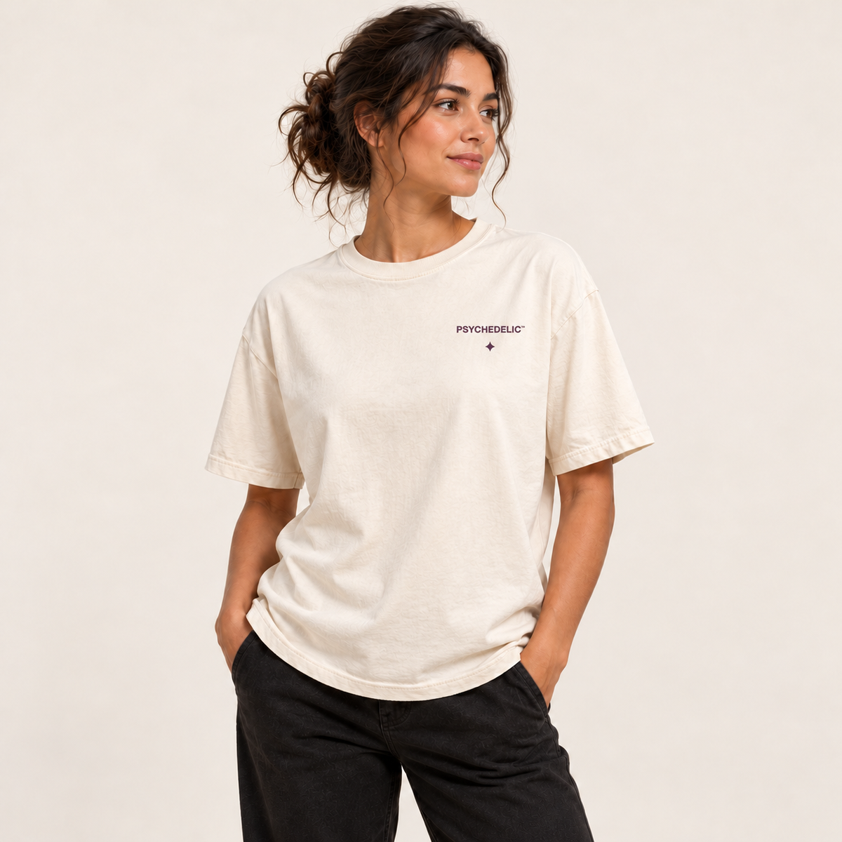 Less Ego. More Universe. Tee in Ivory — AI studio mockup, three-quarter front