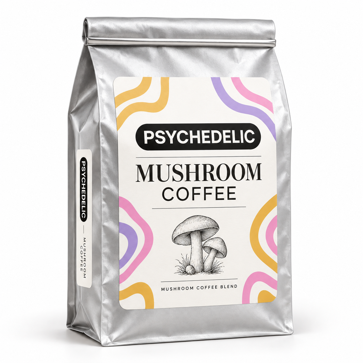 PSYCHEDELIC Mushroom Coffee in traditional silver foil coffee bag with sticker label — packaging mockup