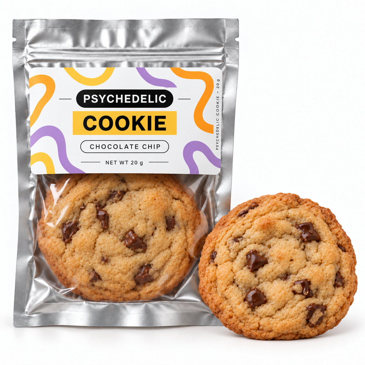 PSYCHEDELIC chocolate chip cookie, 20 g, in foil window pouch — packaging mockup