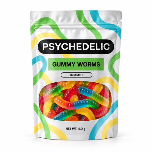 PSYCHEDELIC Gummy Worms 160 g pouch — packaging mockup