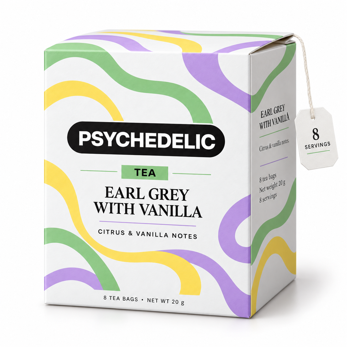 PSYCHEDELIC TEA Earl Grey with Vanilla, 8 tea bags, 20 g — packaging mockup