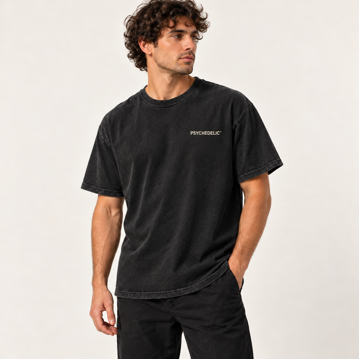 Reality Is a Working Theory Tee in Black — AI studio mockup, three-quarter front