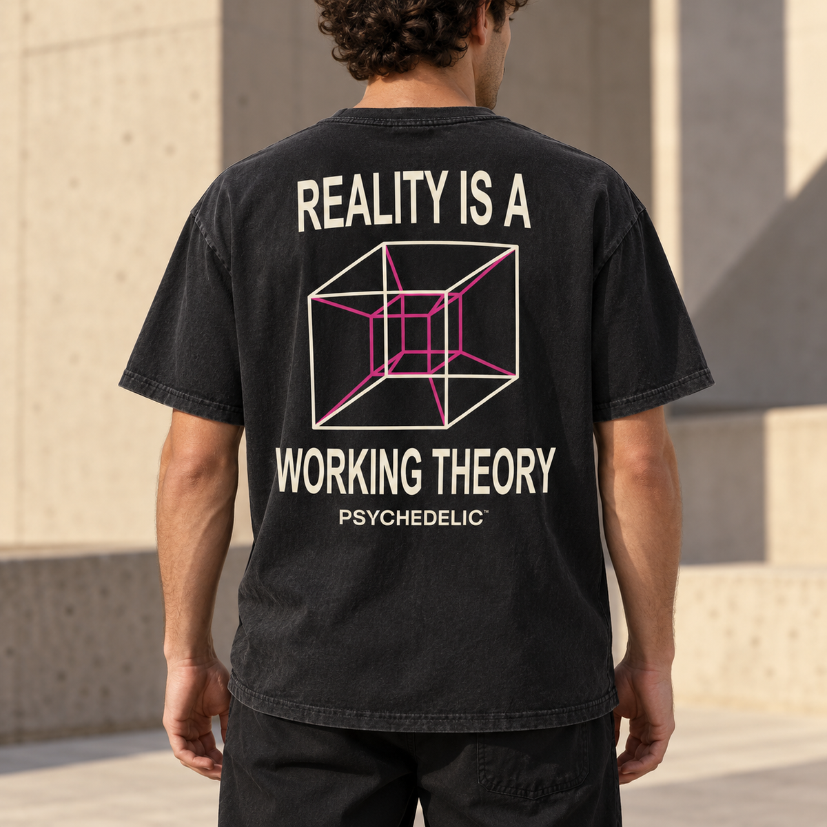 Reality Is a Working Theory Tee in Black — AI lifestyle mockup, rear view