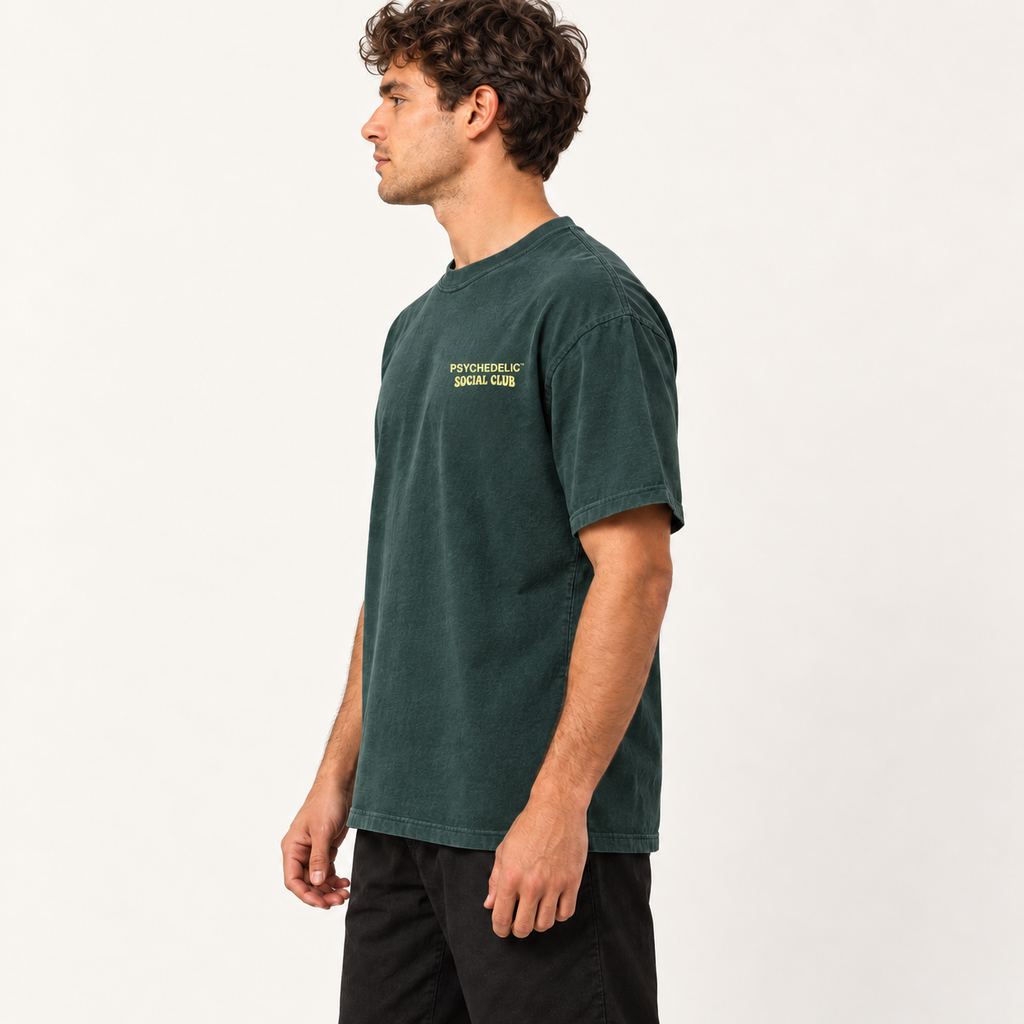 PSYCHEDELIC Social Club Tee in Blue Spruce — AI studio mockup, side profile
