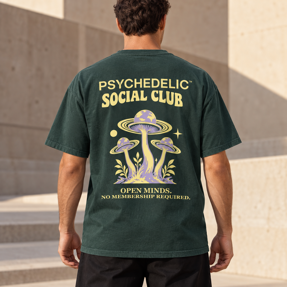 PSYCHEDELIC Social Club Tee in Blue Spruce — AI lifestyle mockup, rear view
